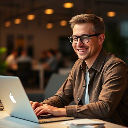 Personne souriante travaillant sur un ordinateur portable, symbolisant la communication et le service client