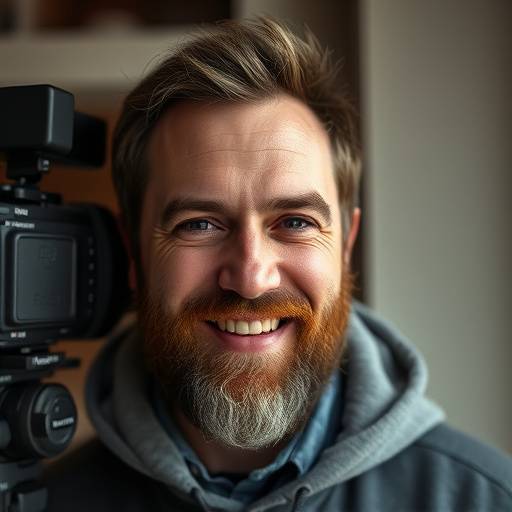 Portrait de Pierre Dupont, cameraman professionnel avec barbe soignée et sourire chaleureux